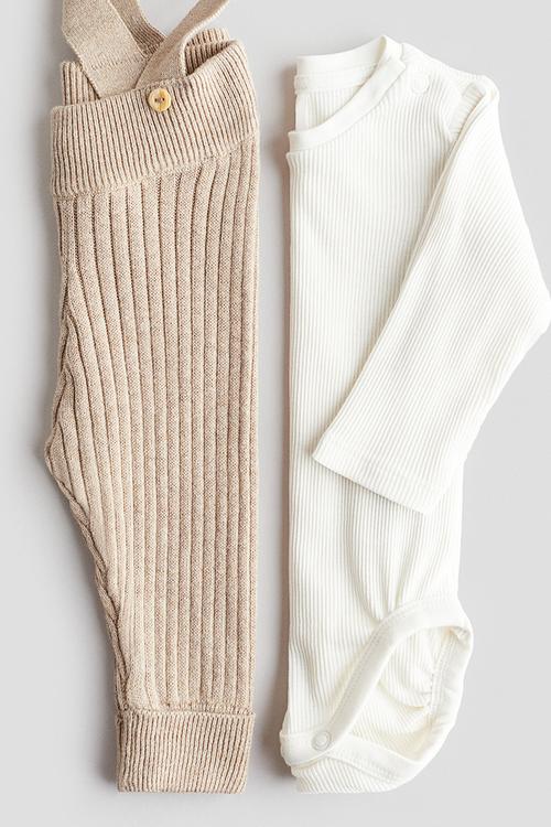 2-piece cotton set - light beige/white