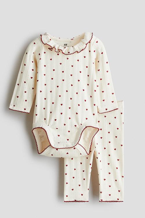 2-piece cotton jersey set - light beige/hearts