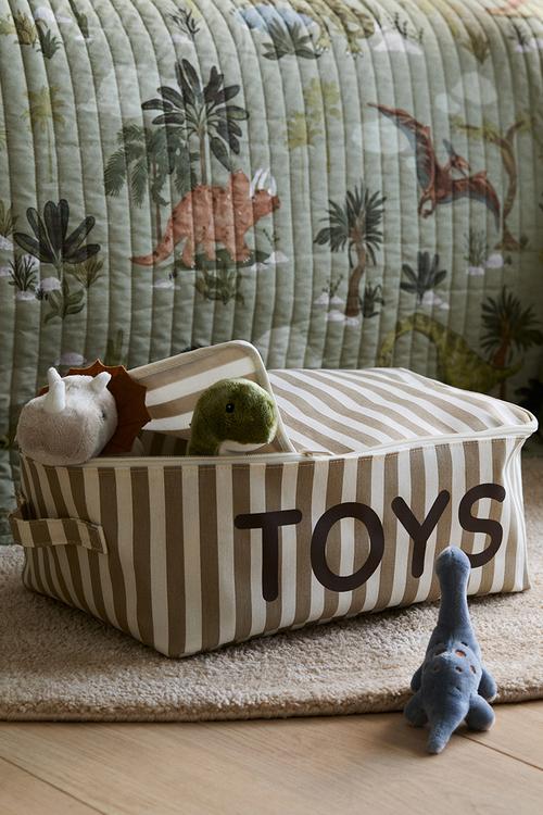 Lidded toy storage basket - beige/striped
