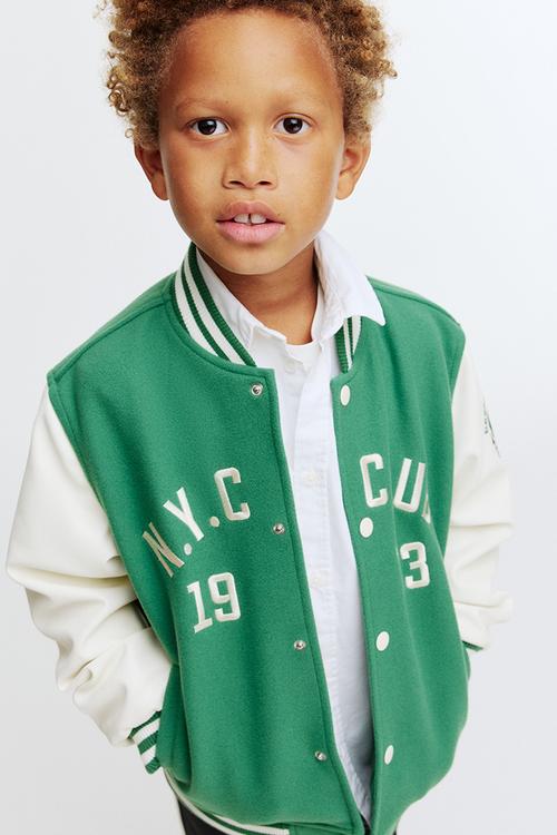 Motif-detail baseball jacket - green/n.y.c club
