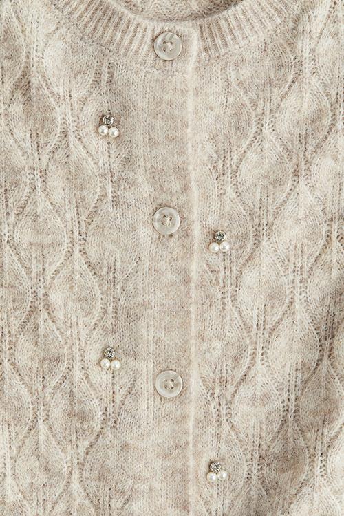 Embellished pointelle-knit cardigan - beige marl