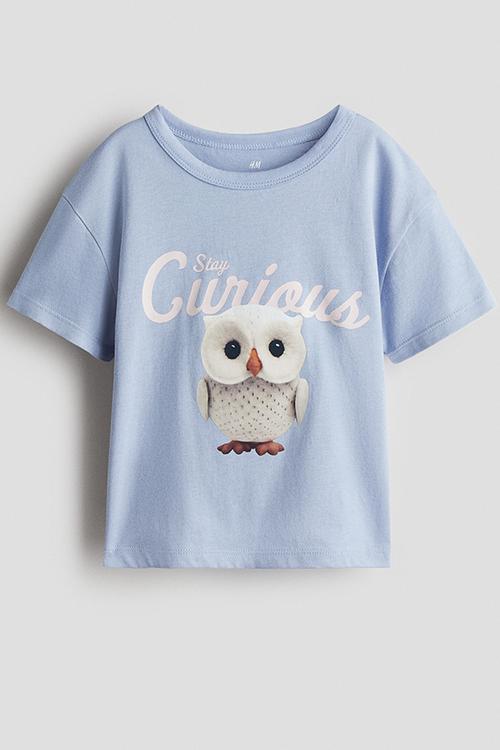 Printed cotton t-shirt - light blue/owl