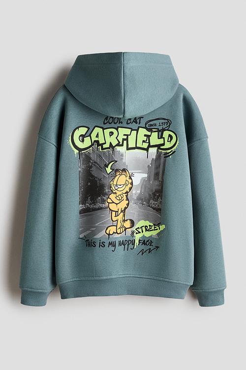 Print-motif hoodie - turquoise/garfield