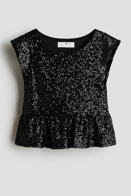 Sequinned peplum top - black