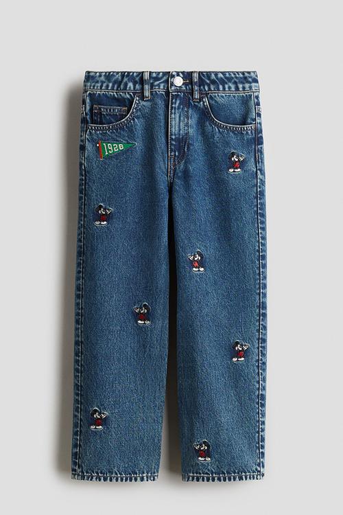 Embroidered-detail loose fit jeans - denim blue/mickey mouse