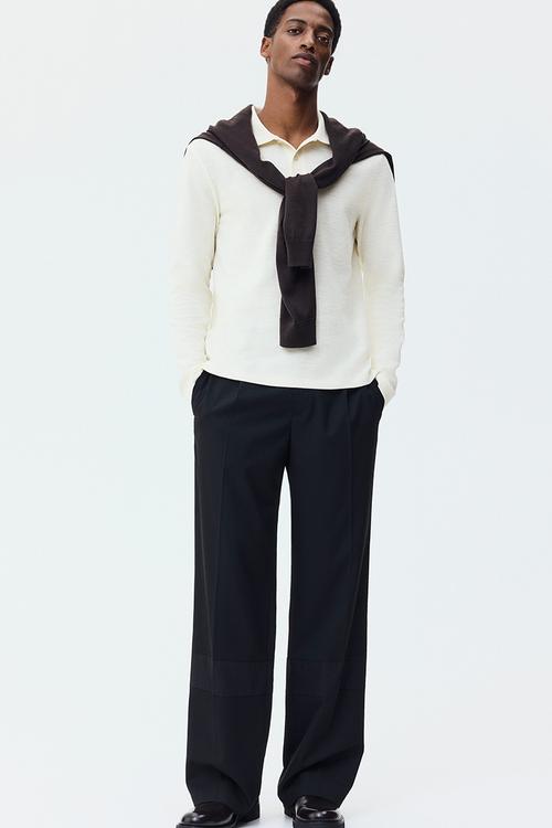 Slim fit long-sleeve polo shirt - cream