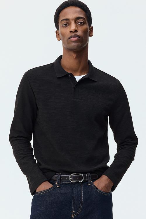 Slim fit long-sleeve polo shirt - dark grey