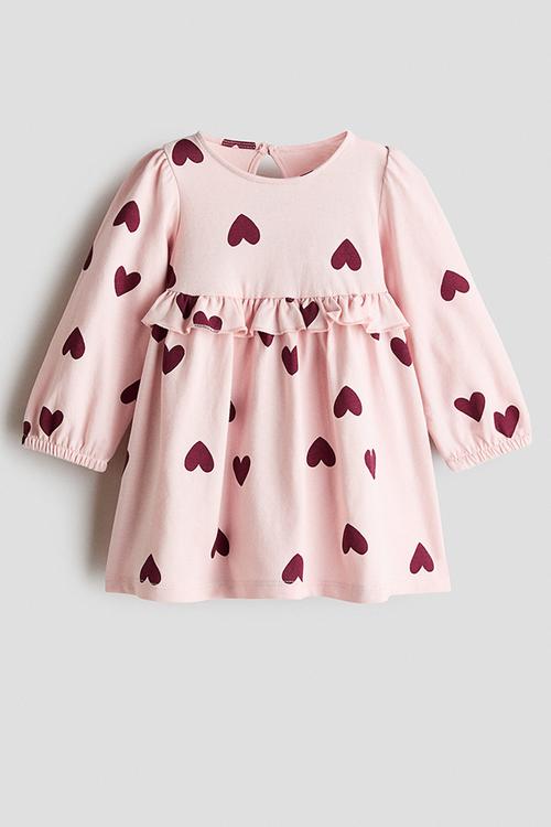 Frill-trimmed cotton dress - light dusty pink/hearts
