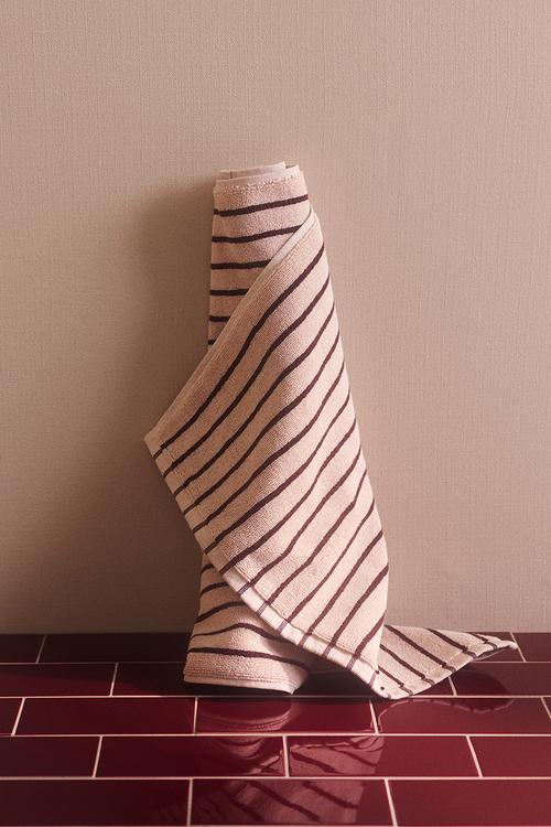 Cotton terry bath mat - light pink/burgundy striped