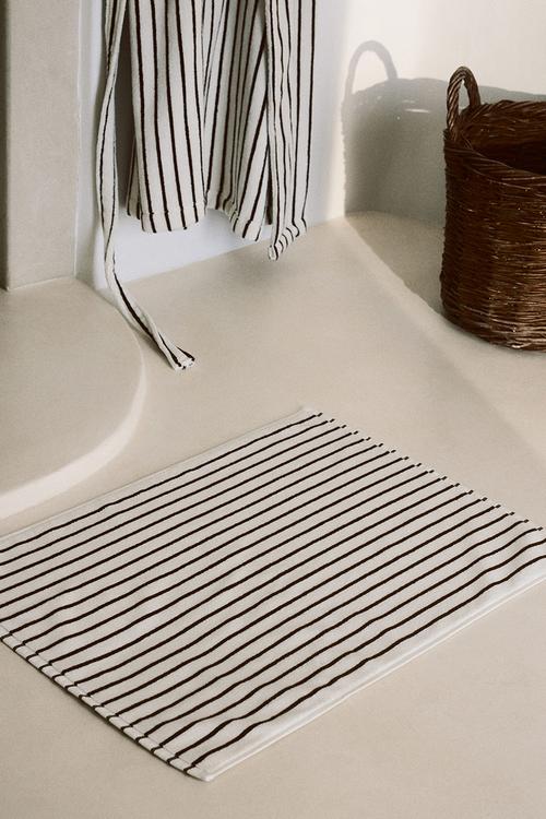 Cotton terry bath mat - white/brown striped