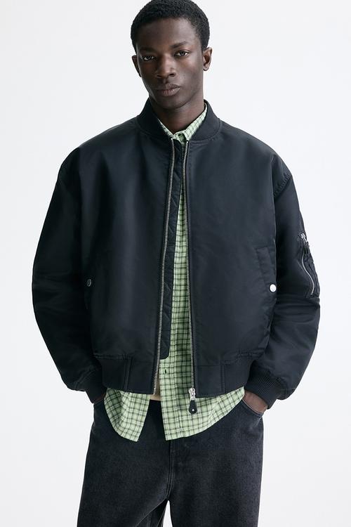 Padded nylon bomber jacket - black