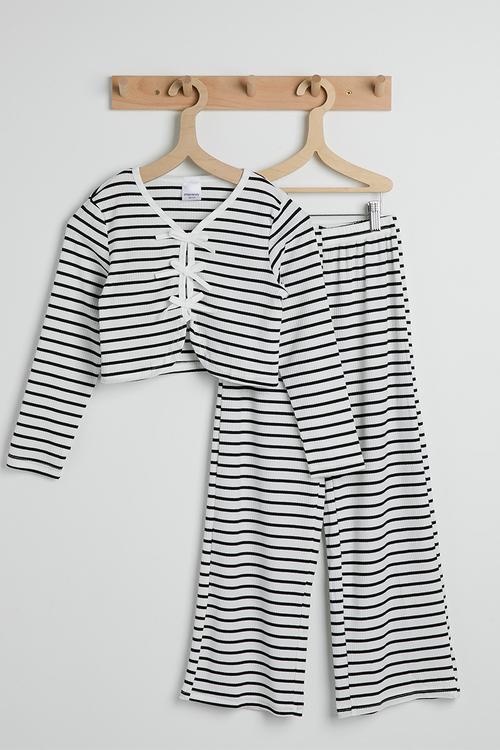 Ribbed bow closure top with wide leg pants - black stripe