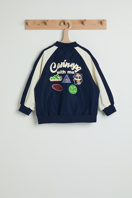 Camping themed bomber jacket - navy/cream