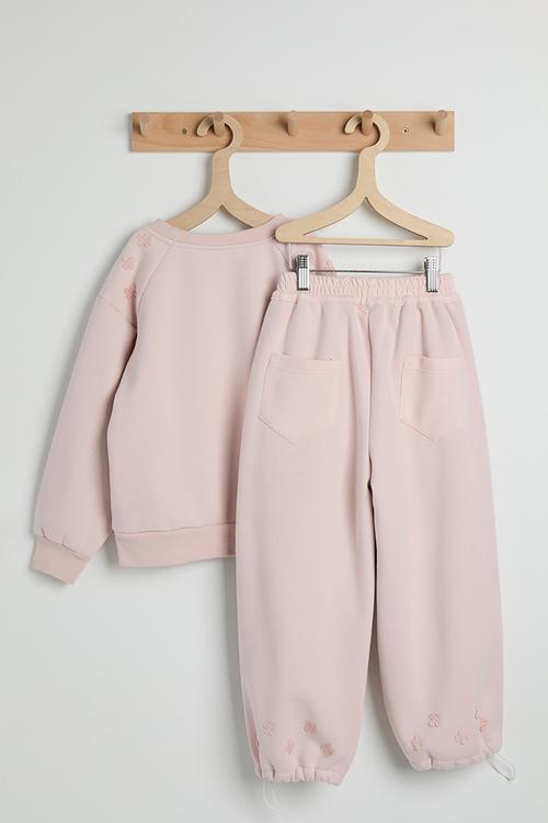 Floral applique sweatshirt with drawstrings sweatpants - pale pink