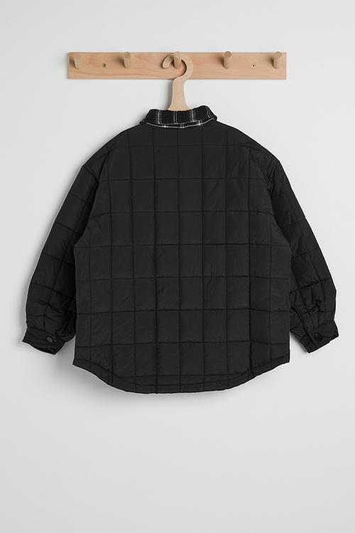 Box quilted jacket with plaid collar - black