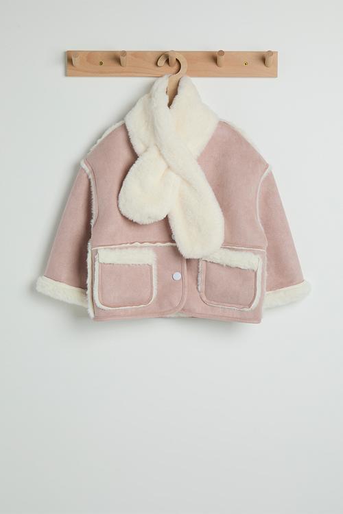 Faux suede-fur collarless jacket with keyhole scarf - soft pink