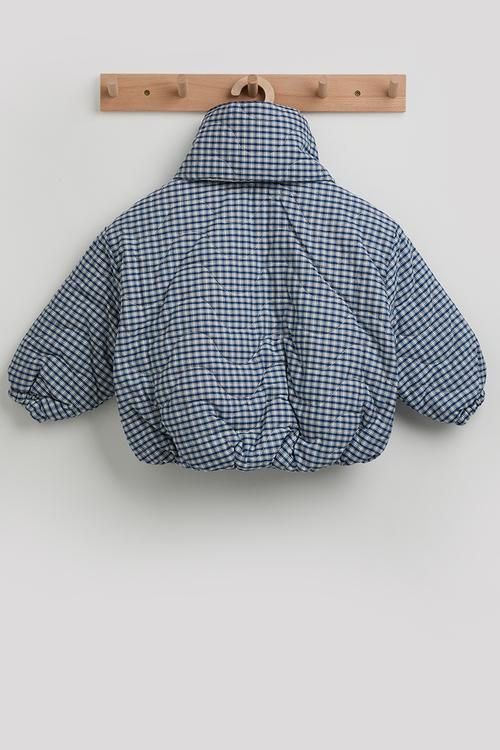 Checkered collarless puffer jacket with scarf - navy