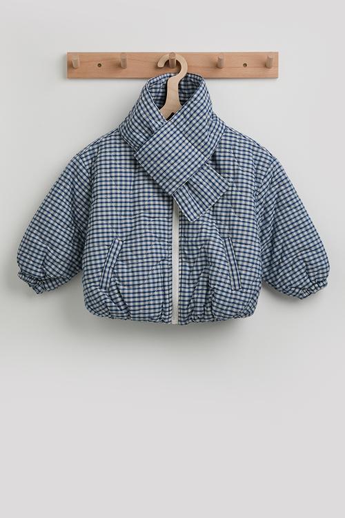 Checkered collarless puffer jacket with scarf - navy