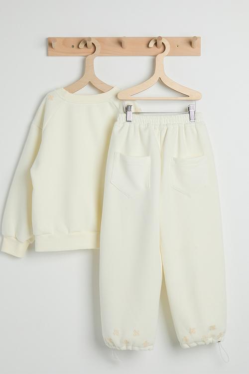 Floral applique sweatshirt with drawstrings sweatpants - ivory