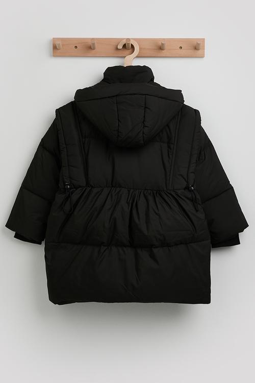 Shoulder overlay puffer jacket with padded pocketst - raisin black