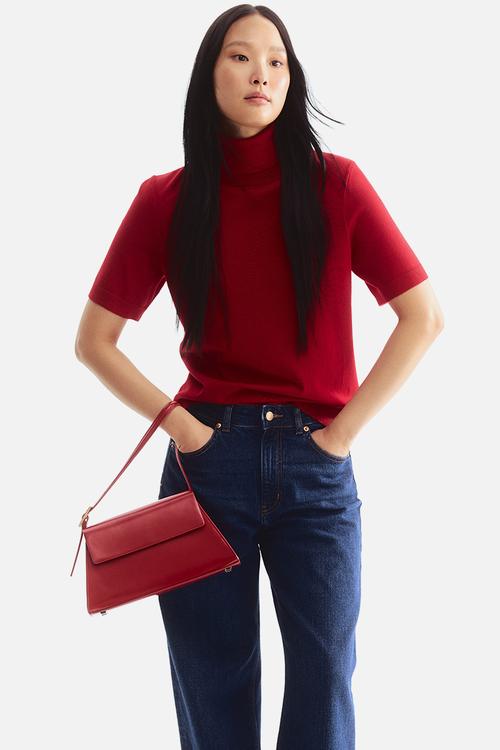 Fine-knit polo-neck top - red