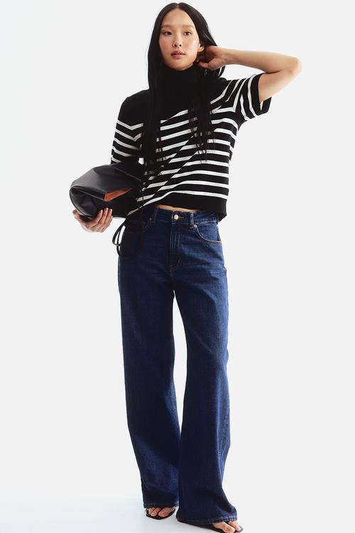 Fine-knit polo-neck top - black/striped