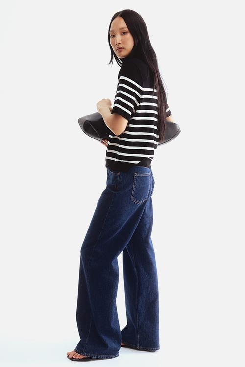 Fine-knit polo-neck top - black/striped