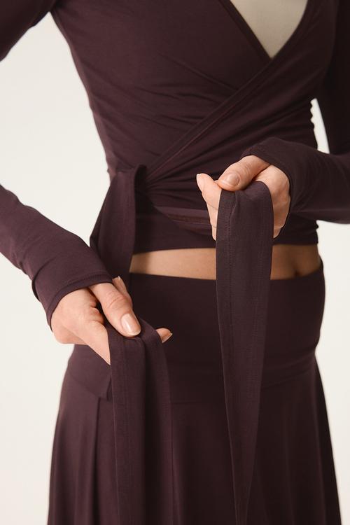 Sports wrap top in modal - chocolate plum