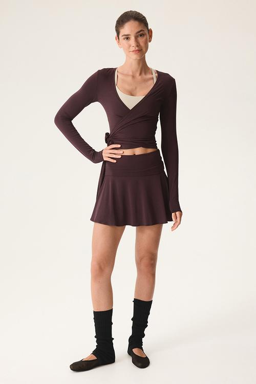 Sports wrap top in modal - chocolate plum