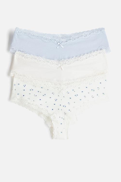 3 pack cotton and lace hipster briefs - white/light blue