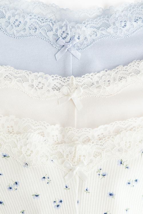 3 pack cotton and lace hipster briefs - white/light blue