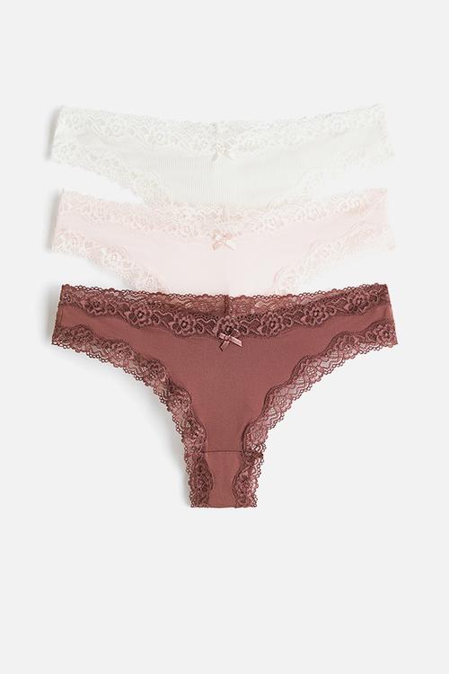 3 pack microfibre and lace brazilian briefs - light pink/rust brown