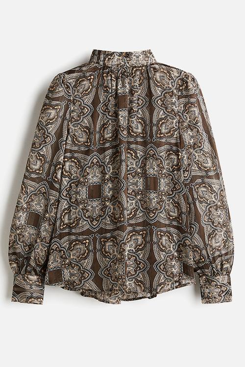 Stand-collar blouse - khaki green/paisley pattern