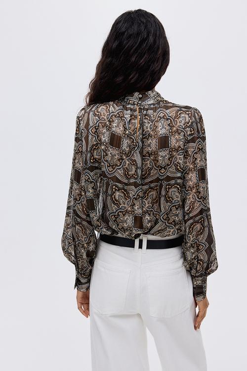Stand-collar blouse - khaki green/paisley pattern