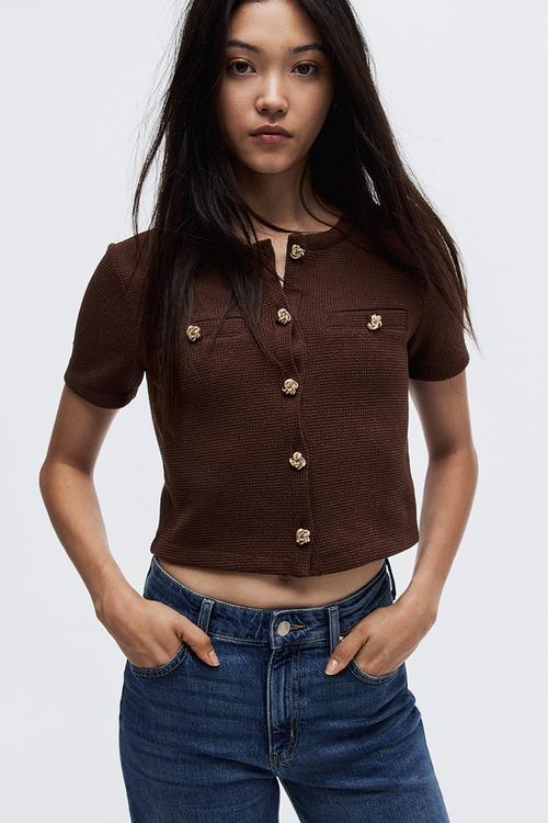Textured jersey cardigan - dark brown