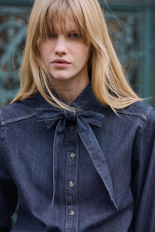 Bow-detail denim blouse - dark denim blue