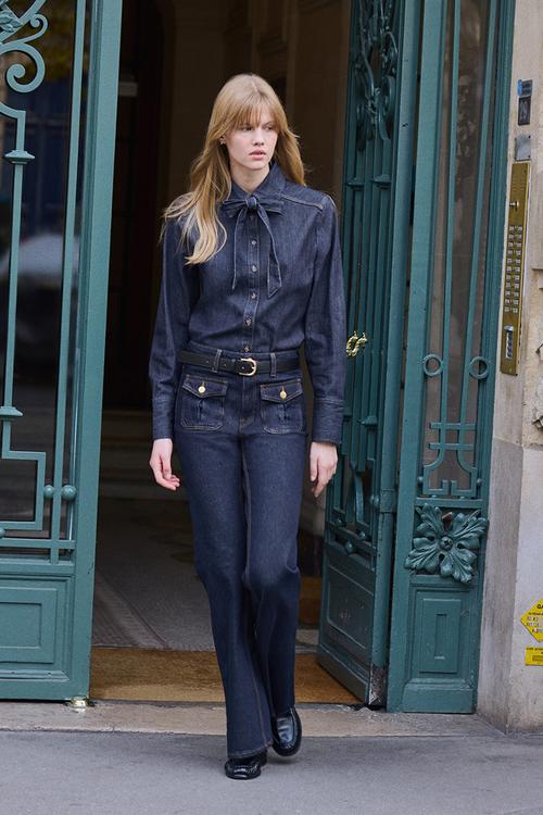 Bow-detail denim blouse - dark denim blue