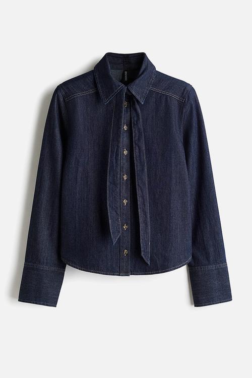 Bow-detail denim blouse - dark denim blue