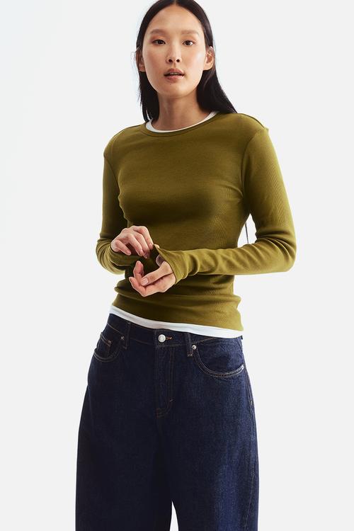 Ribbed cotton top - olive green