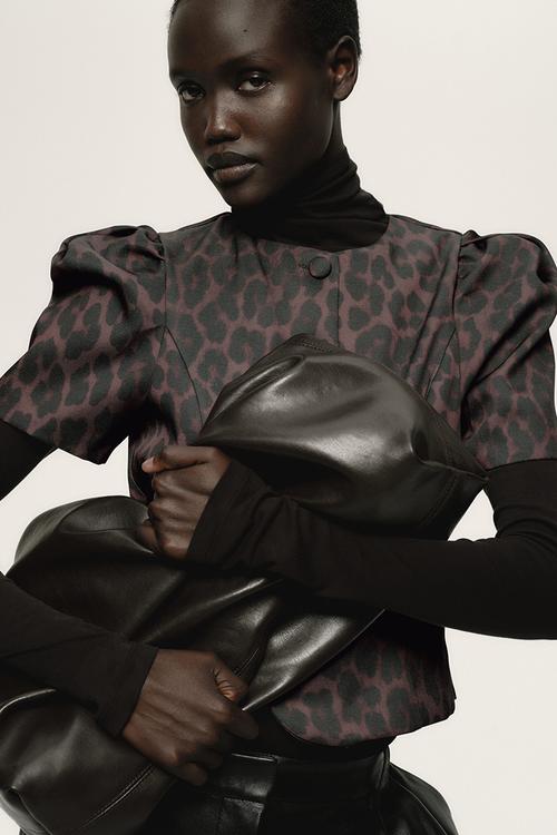 Puff-sleeved blouse - dark brown/leopard print