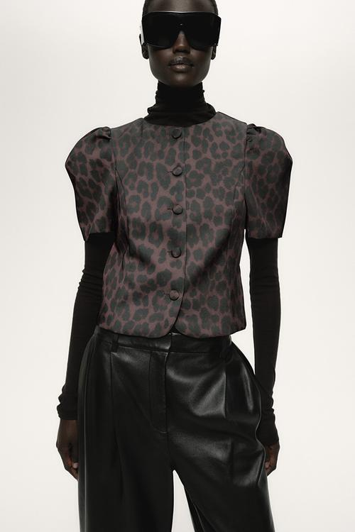 Puff-sleeved blouse - dark brown/leopard print