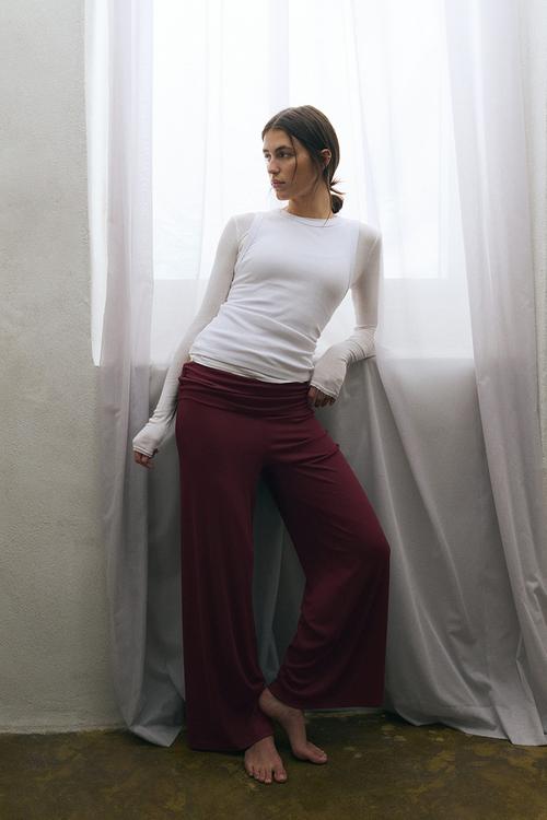 Foldover-waist sports trousers - light burgundy