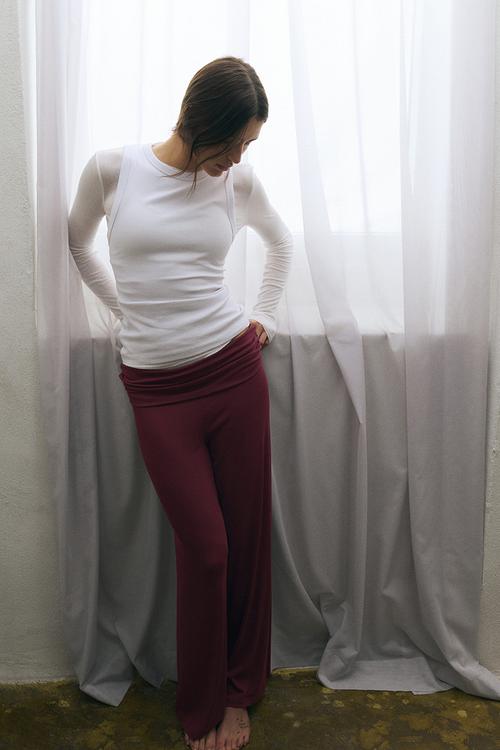 Foldover-waist sports trousers - light burgundy