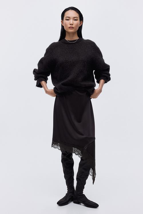 Asymmetric lace-trimmed skirt - dark brown