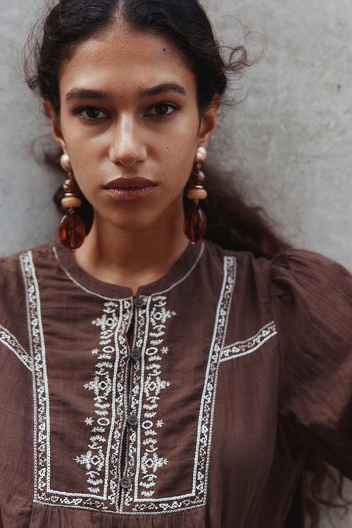 Embroidered cotton blouse - brown
