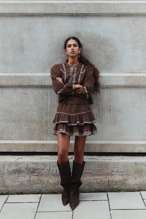 Embroidered cotton blouse - brown
