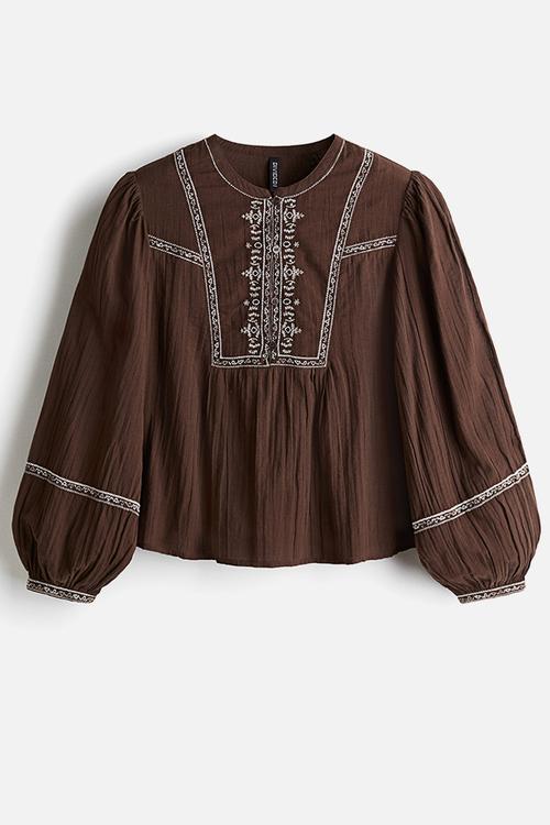 Embroidered cotton blouse - brown