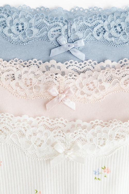 3 pack cotton and lace brazilian briefs - white/light blue/light pink