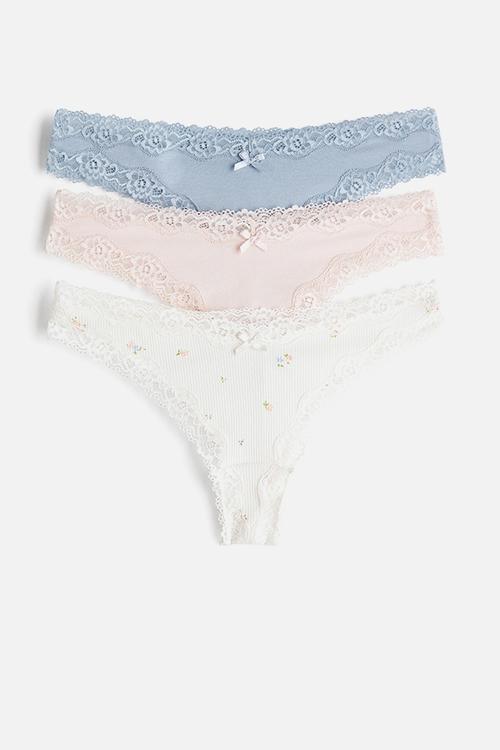 3 pack cotton and lace brazilian briefs - white/light blue/light pink