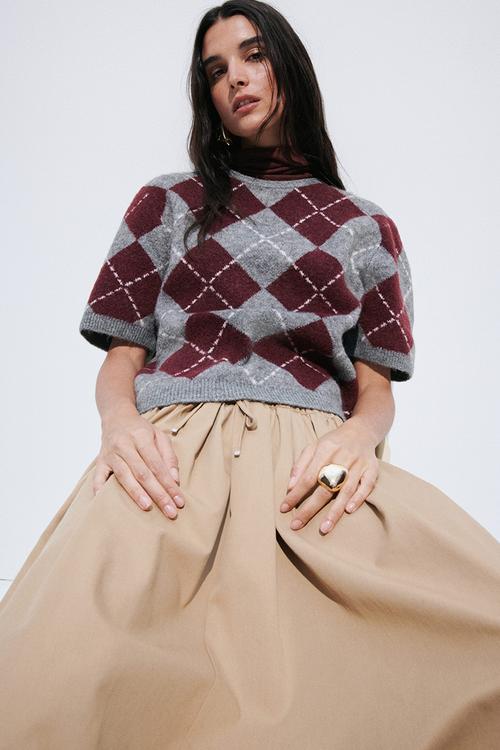 Short-sleeved jacquard-knit jumper - grey marl/argyle-patterned